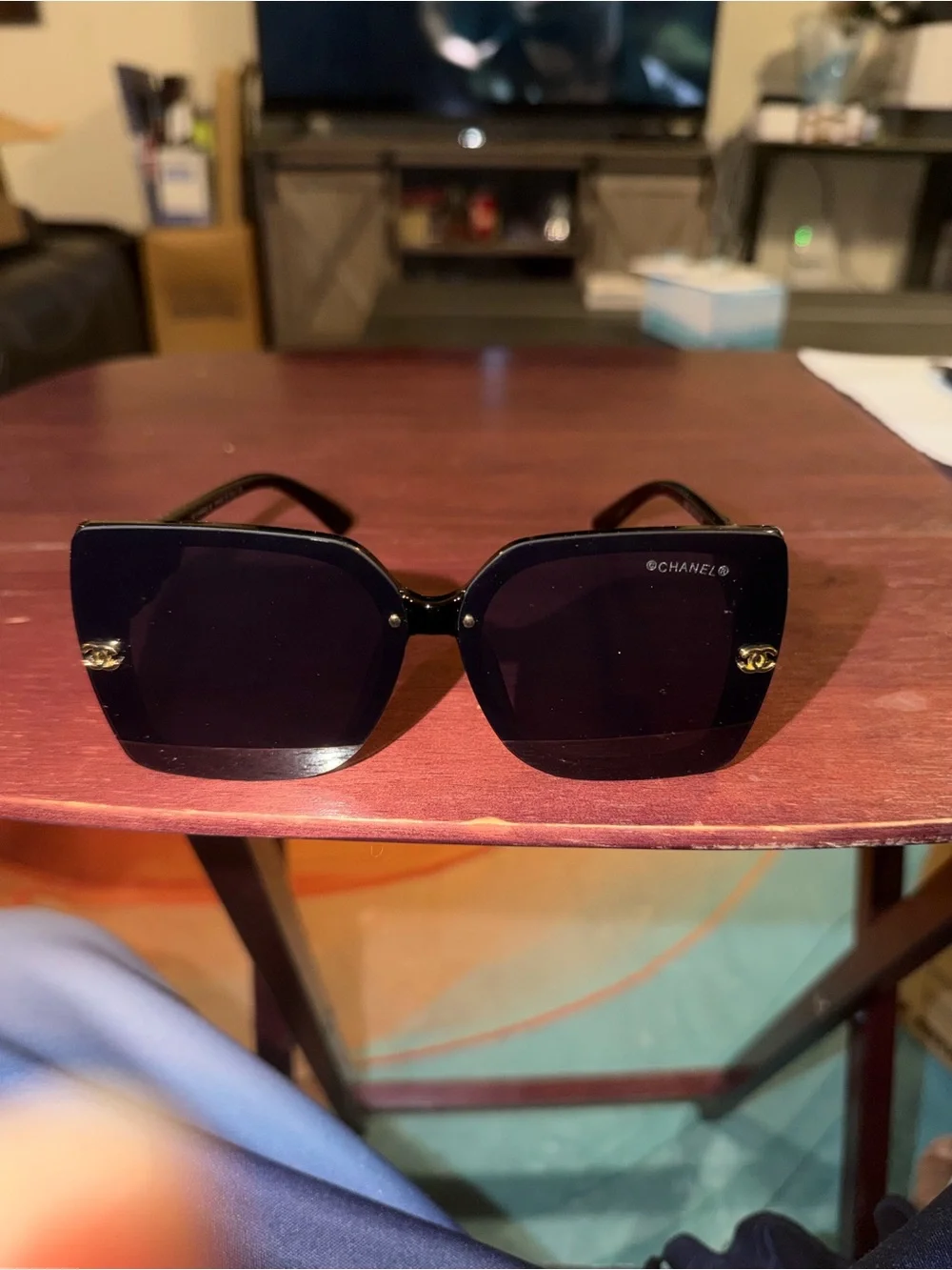 CHANEL Black Oversized Square Sunglasses with Gold CC Accents
